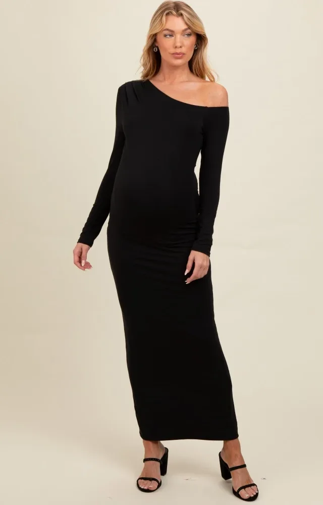 Black One Shoulder Long Sleeve Maternity Midi Dress