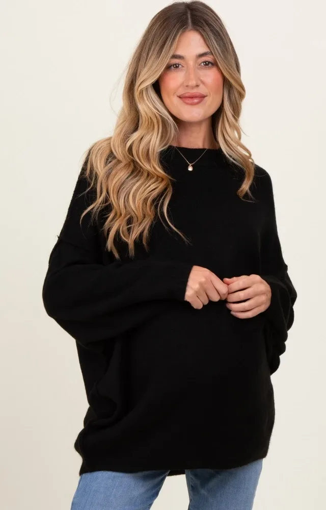 Black Oversized Crewneck Melange Knit Maternity Sweater