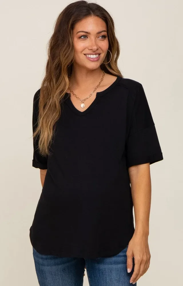 Black Oversized V-Neck Cuffed Short Sleeve Maternity Tee