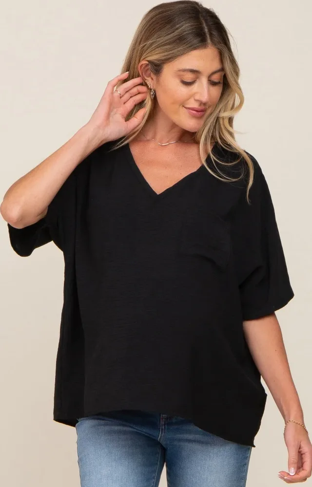 Black Oversized V-Neck Pocket Front Maternity Blouse