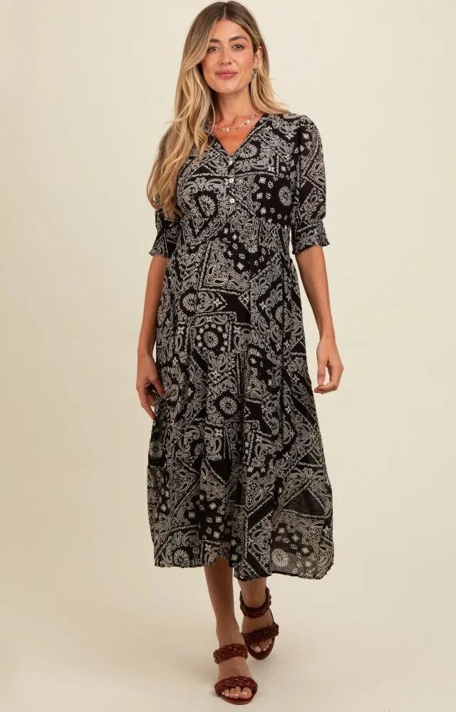 Black Paisley Button Front V-Neck Tiered Maternity Midi Dress