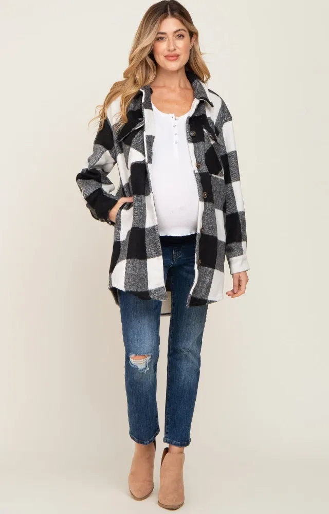 Black Plaid Brushed Long Maternity Shacket