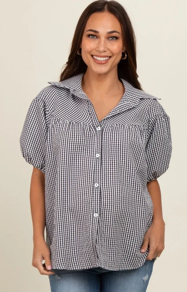 Black Plaid Button Down Maternity Top