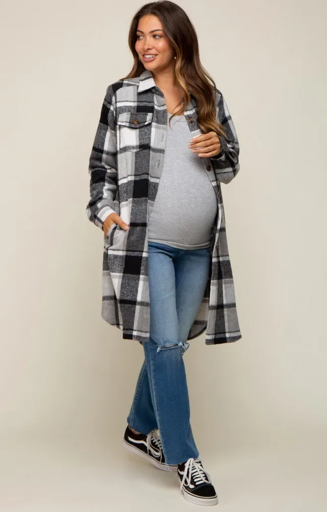 Black Plaid Fleece Maternity Long Shirt Jacket