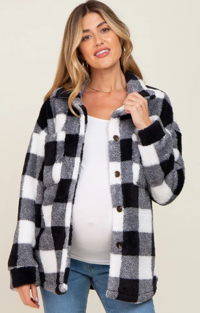 Black Plaid Fuzzy Maternity Shirt Jacket