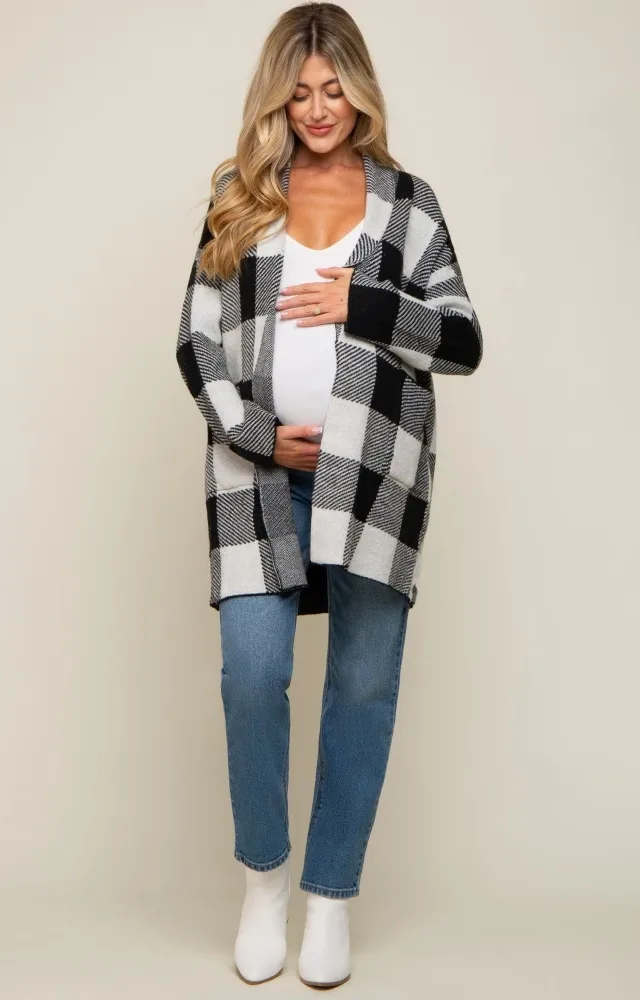 Black Plaid Shawl Maternity Cardigan