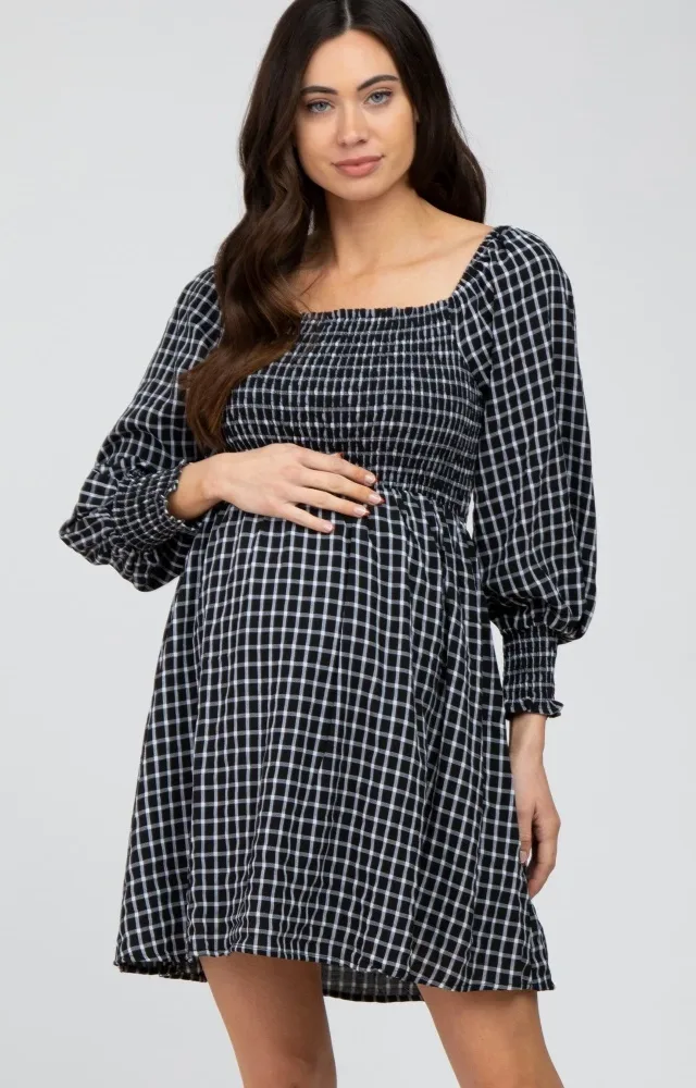 Black Plaid Smocked Maternity Dress