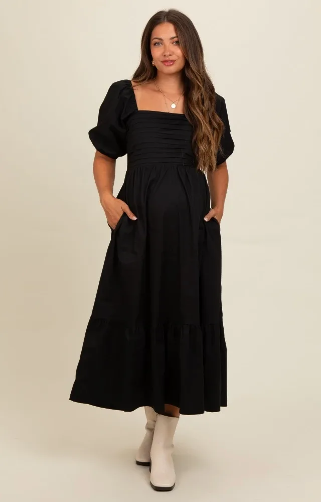 Black Pleated Bodice Puff Sleeve Maternity Midi Dress