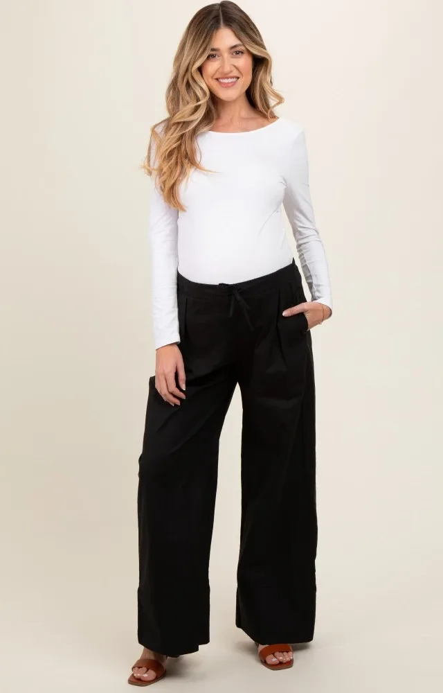 Black Pleated Drawstring Waist Maternity Pants