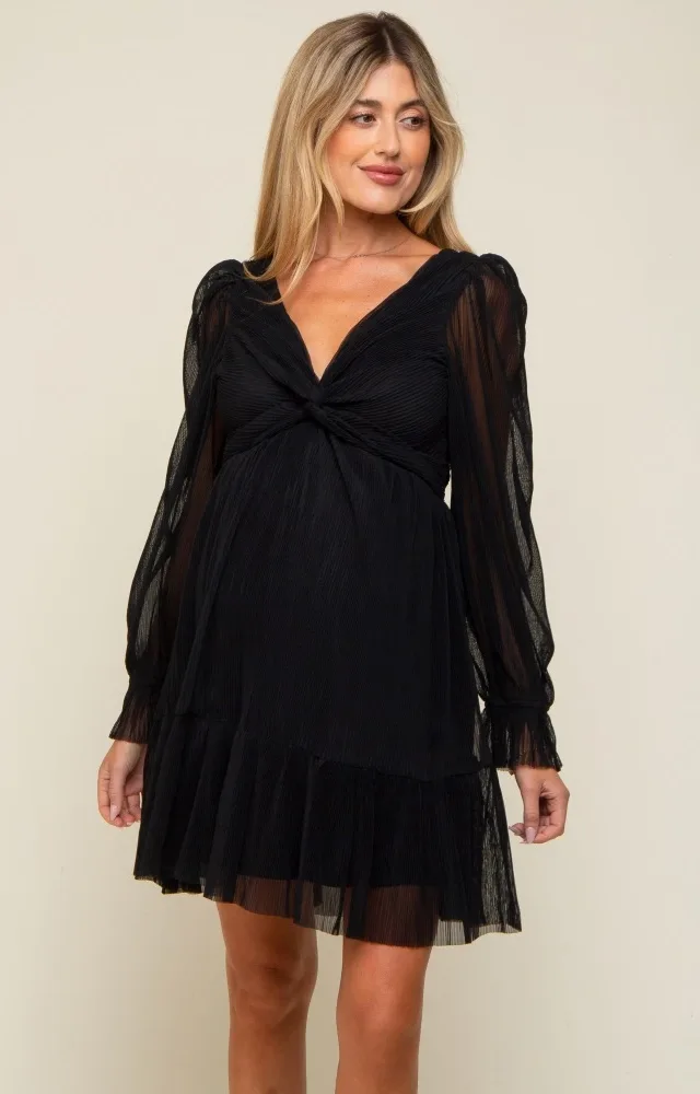 Black Pleated Knotted Long Sleeve Maternity Dress