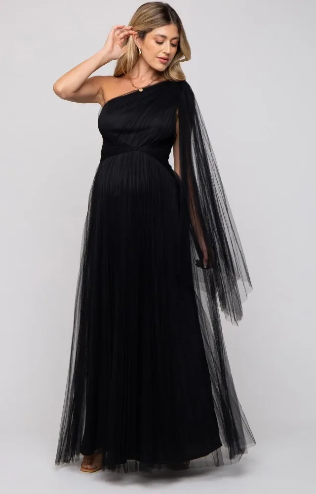 Black Pleated Mesh Maternity Gown