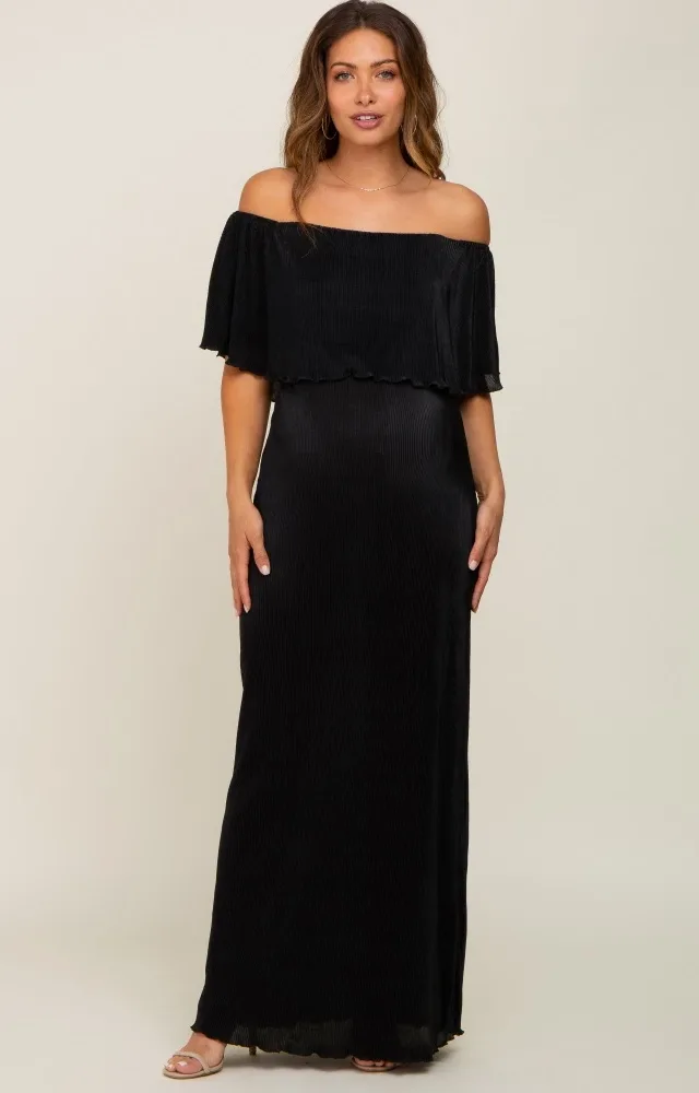 Black Pleated Ruffle Off Shoulder Maternity Maxi Dress