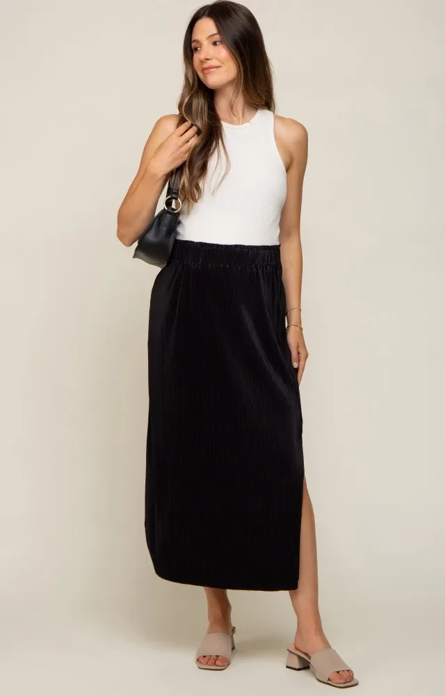 Black Pleated Side Slit Maternity Midi Skirt