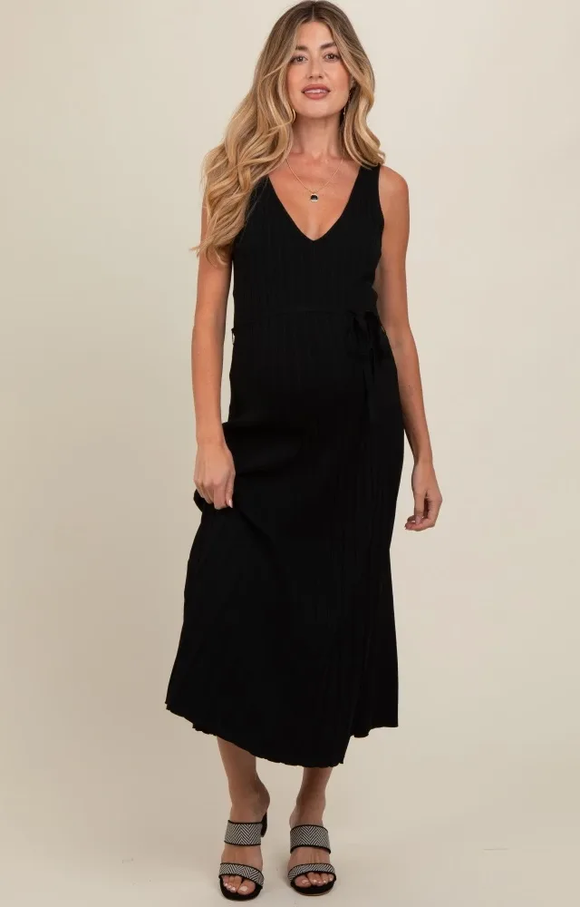 Black Pleated V-Neck Waist Tie Sweater Maternity Maxi Dress