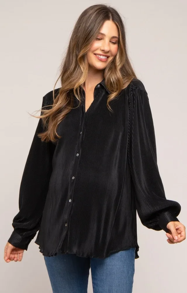 Black Plisse Button Up Long Sleeve Maternity Top