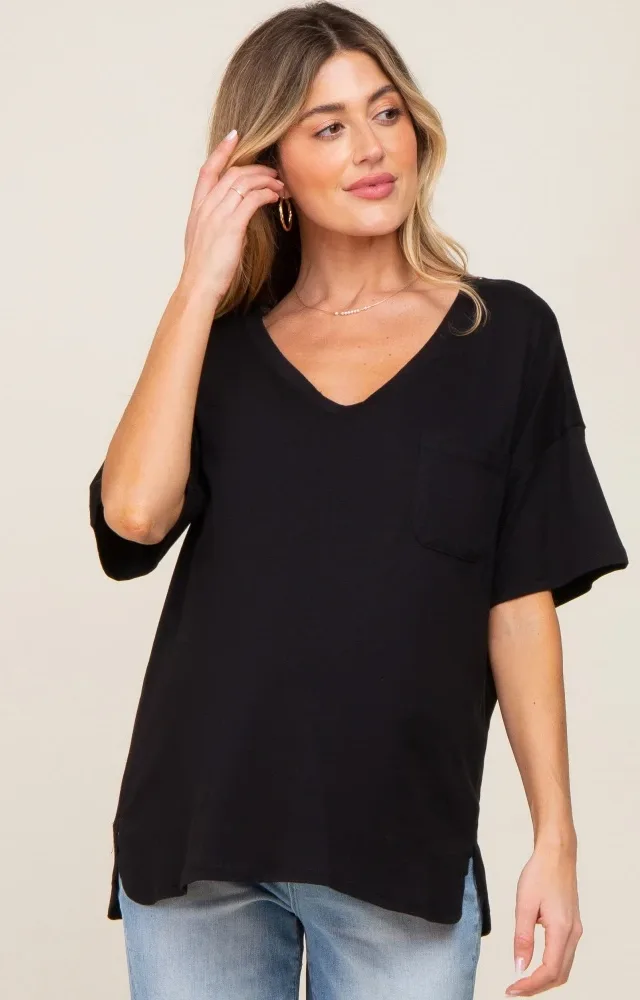 Black Pocketed V-Neck Maternity Top