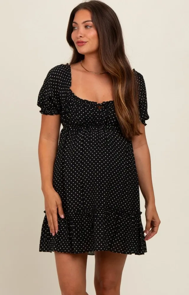 Black Polka Dot Puff Sleeve Tie Front Maternity Dress