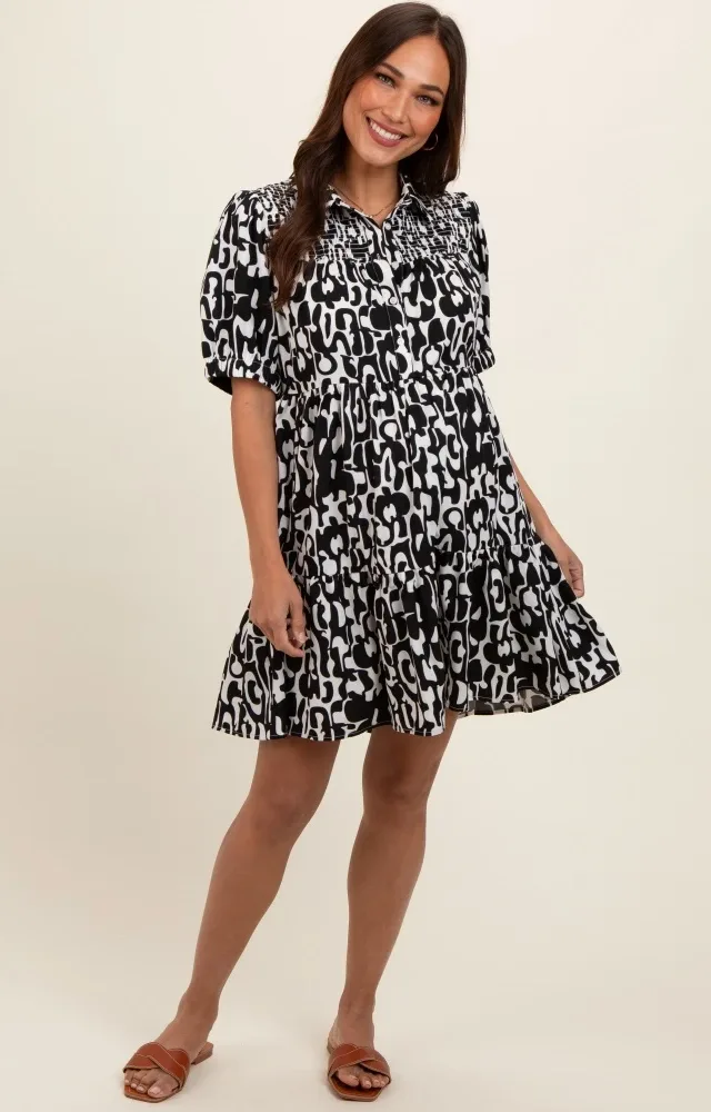 Black Printed Collared Tiered Maternity Dress