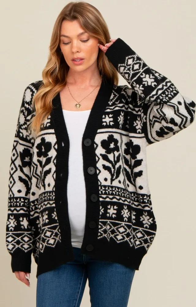 Black Printed Maternity Button Up Cardigan