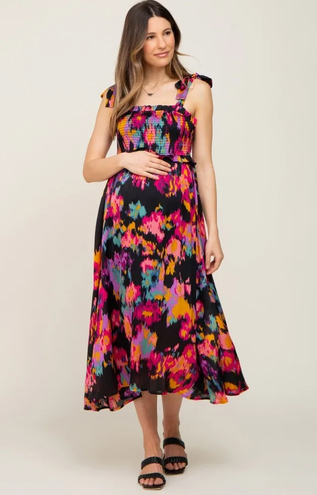 Black Printed Satin Smocked Maternity Midi Dress