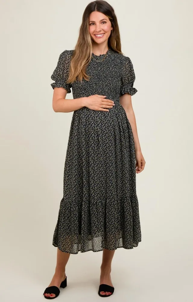 Black Printed Smocked Maternity Midi Dress