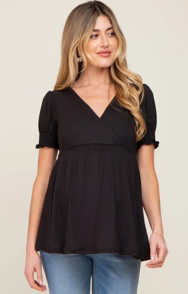 Black Puff Sleeve Crossover Maternity/Nursing Top