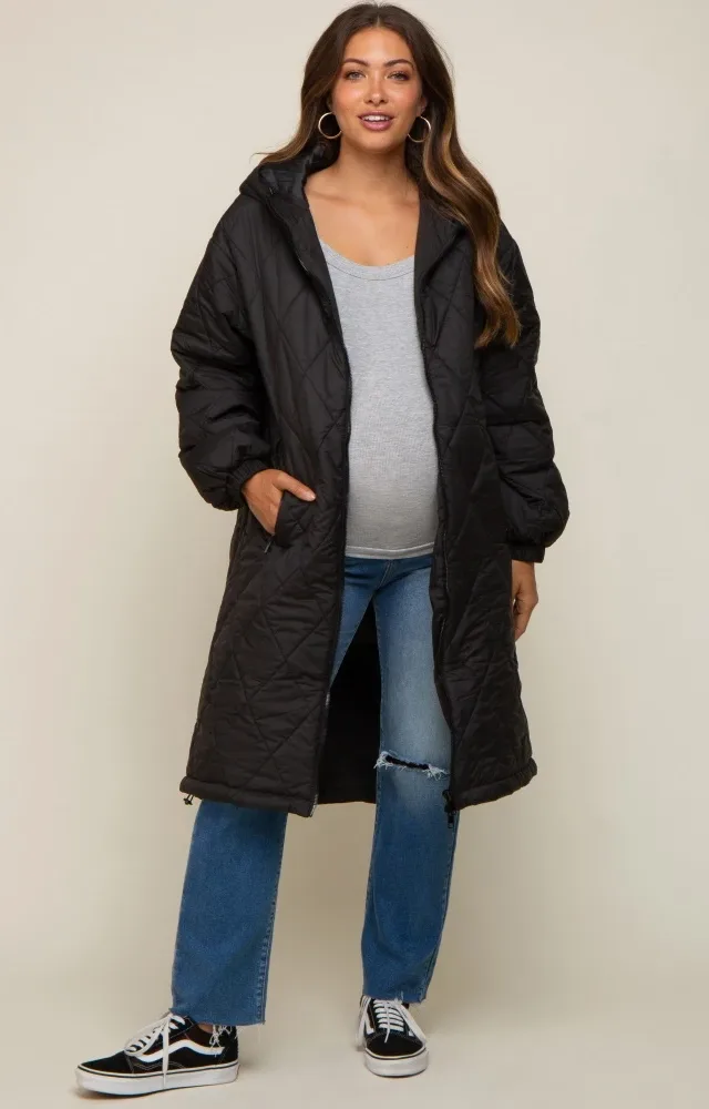 Black Quilted Long Maternity Puffer Jacket