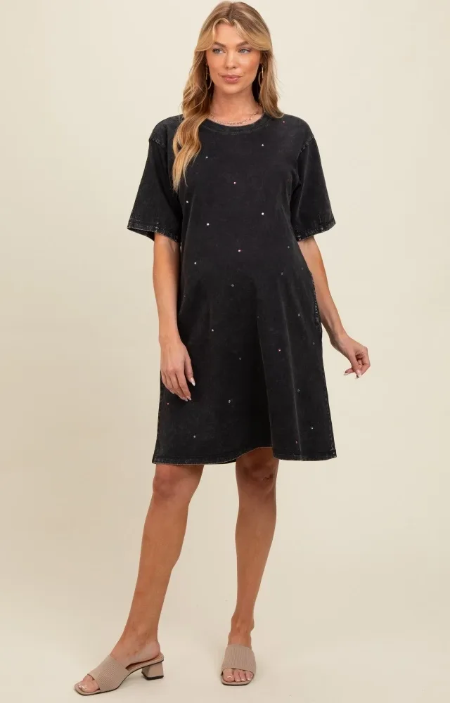 Black Rhinestone Mineral Washed Maternity T-Shirt Dress