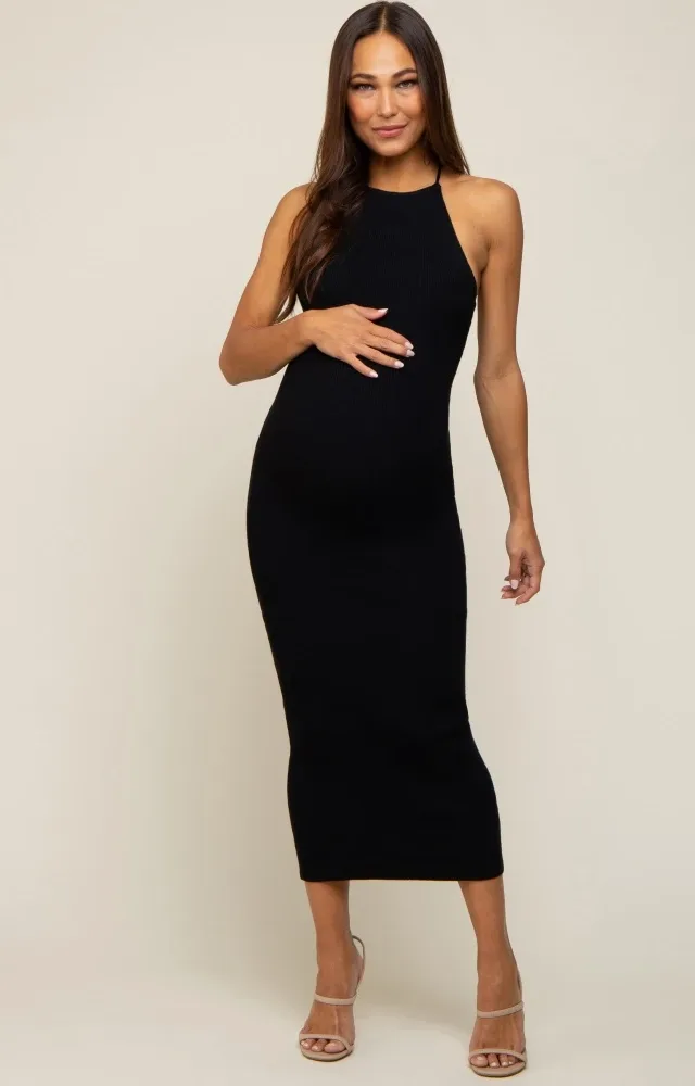 Black Rib Cutout Criss Cross Back Maternity Dress