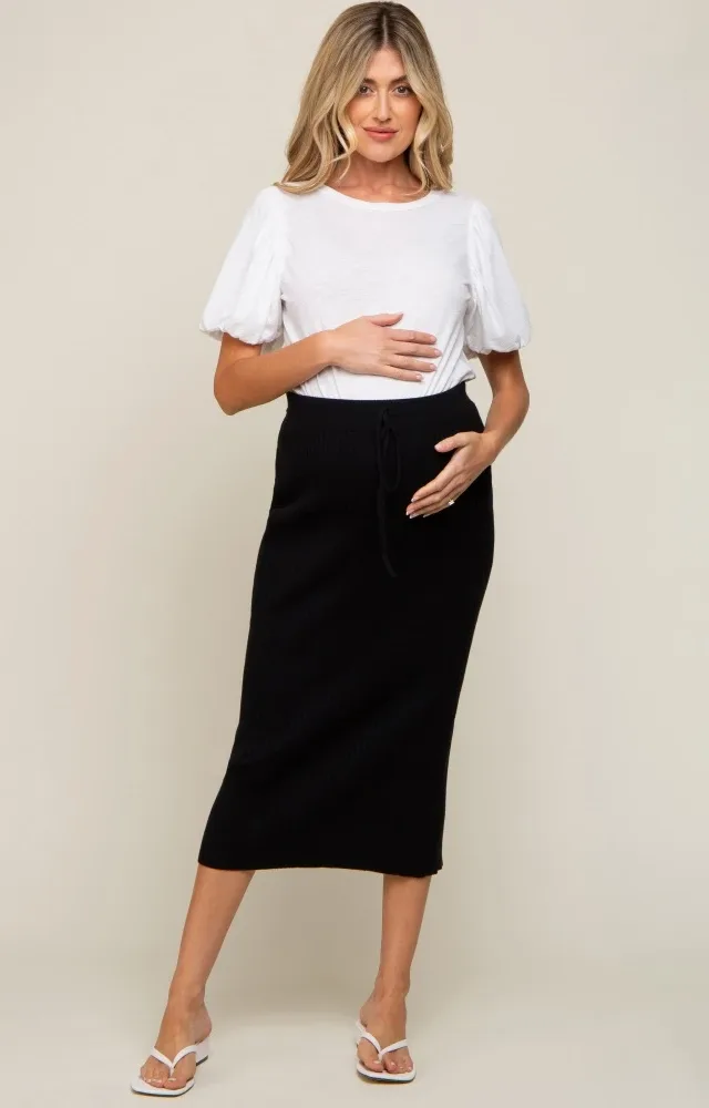 Black Rib Knit Maternity Midi Skirt