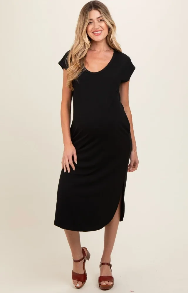 Black Rib Knit Scoop Neck Maternity Midi Dress