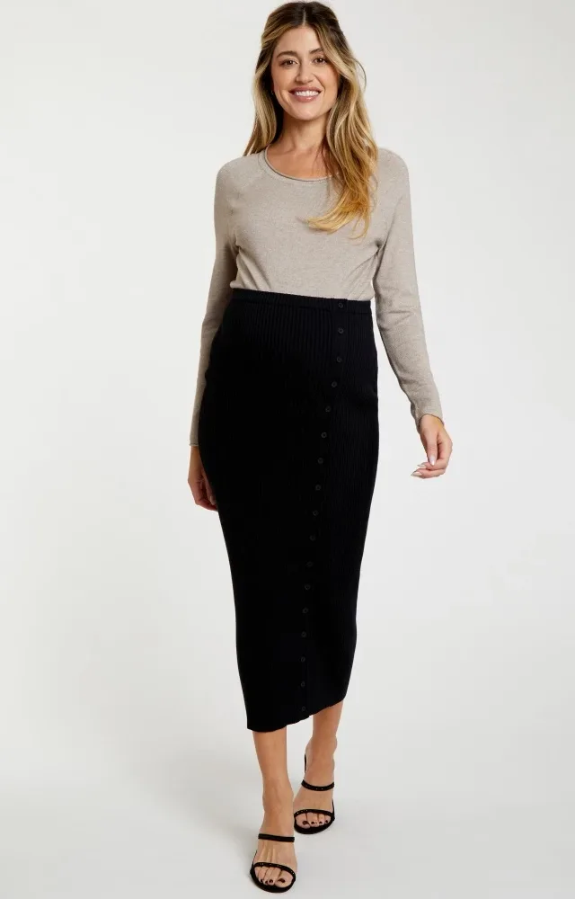 Black Rib Knit Side Button Maternity Maxi Skirt