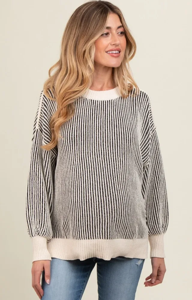 Black Ribbed Balloon Sleeve Maternity Sweater