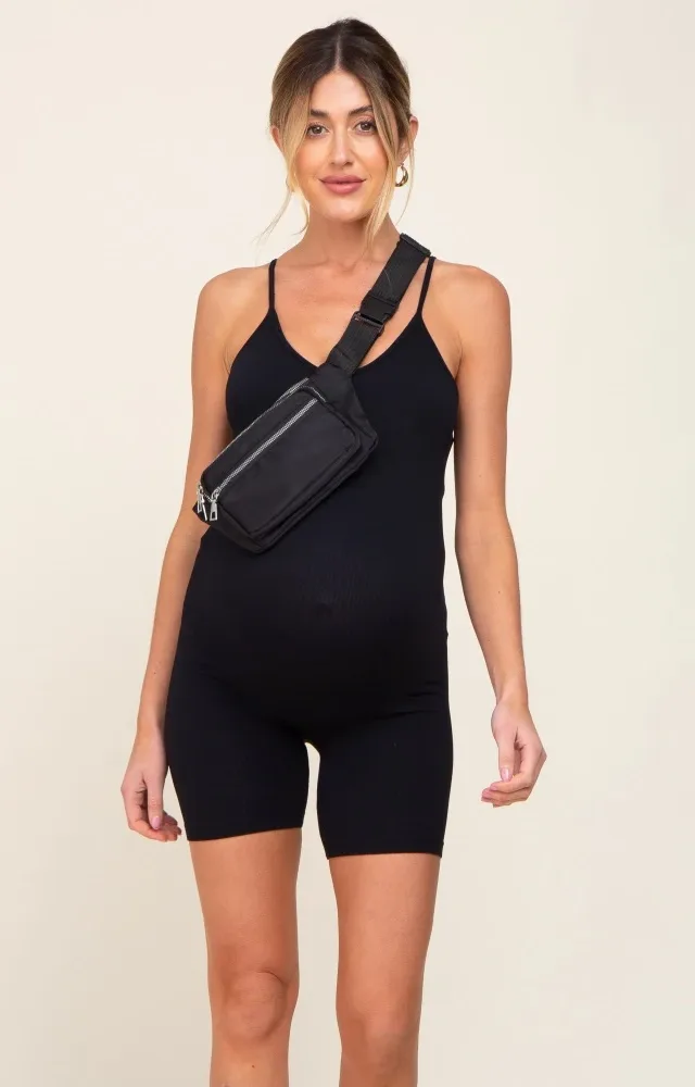 Black Ribbed Biker Short Maternity Romper