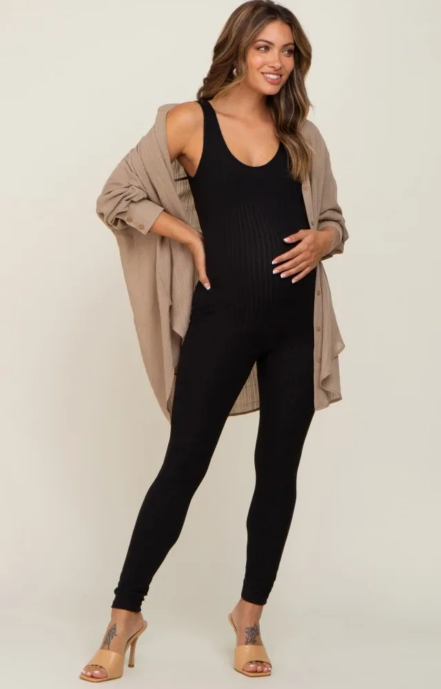 Black Ribbed Bodycon Maternity Jumpsuit