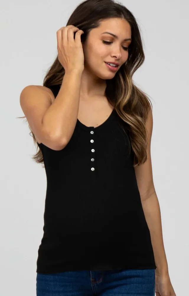 Black Ribbed Button Front Maternity Tank Top