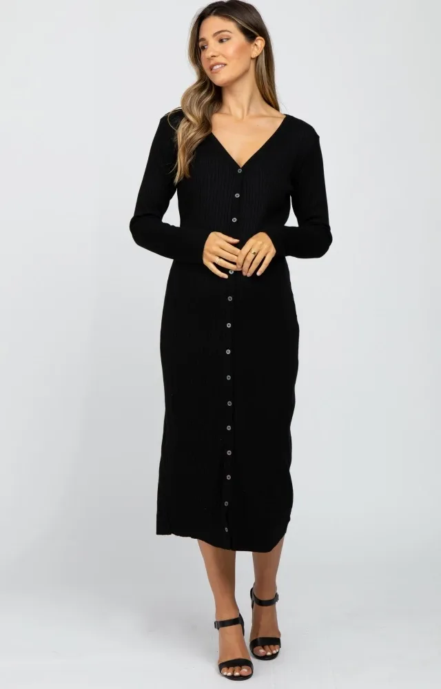 Black Ribbed Button Midi Cardigan Maternity Dress