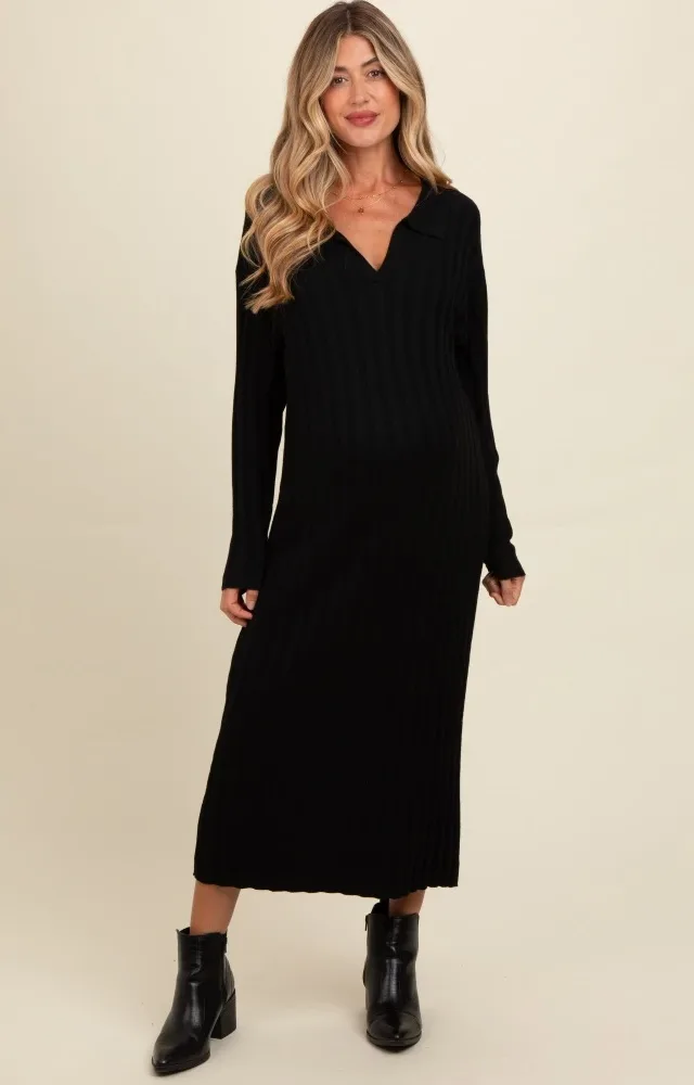 Black Ribbed Collared Maternity Midi Sweater Dress