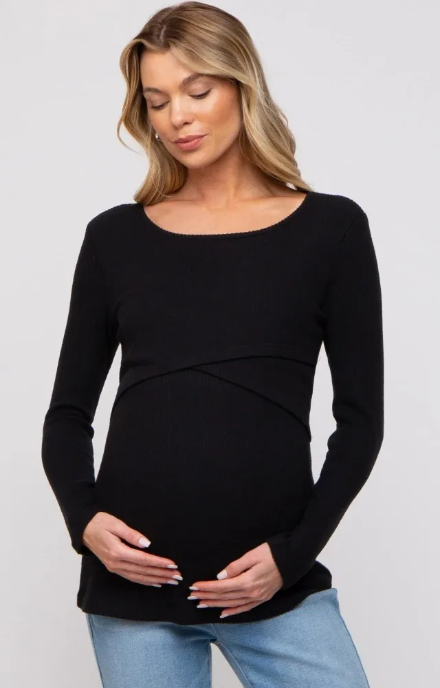 Black Ribbed Crossover Maternity/Nursing Top