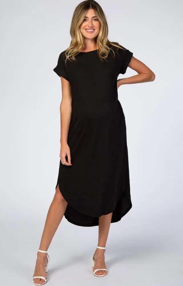 Black Ribbed Curved Hem Maternity Midi Dress