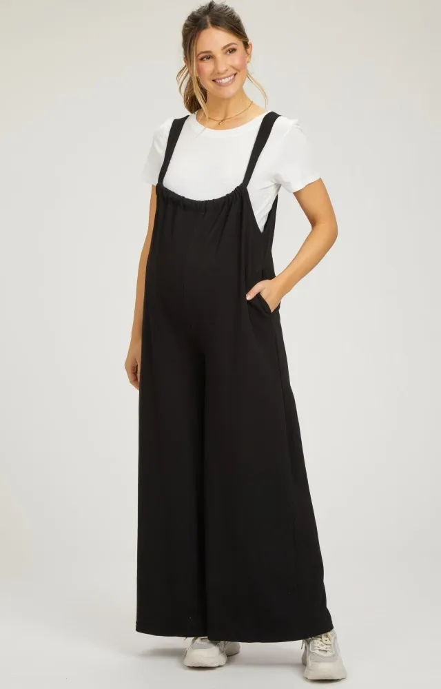 Black Ribbed Drawstring Wide Leg Maternity Jumpsuit