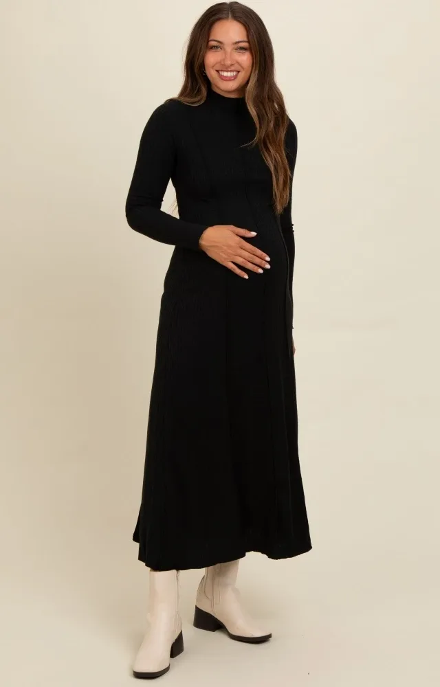 Black Ribbed Exposed Seam Mock Neck Maternity Dress