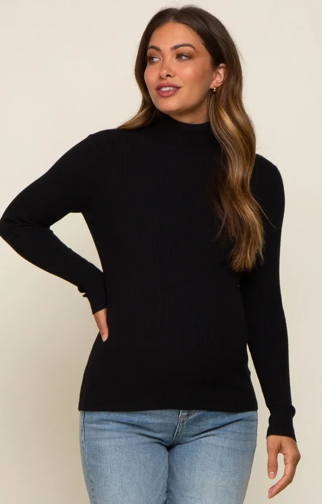 Black Ribbed Fitted Long Sleeve Maternity Top