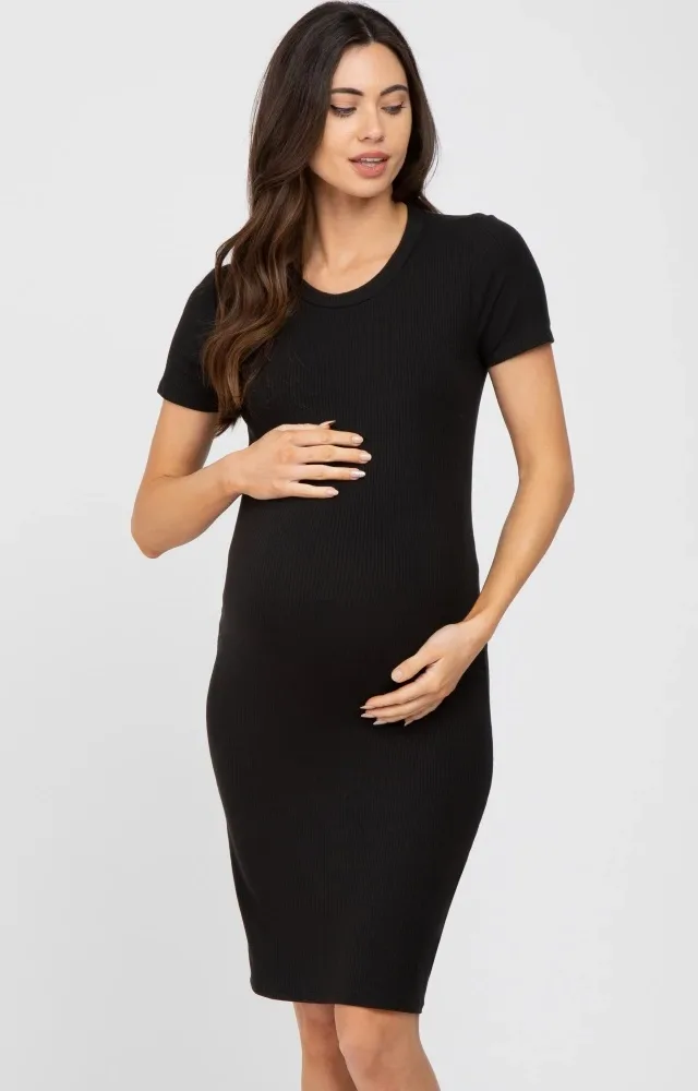 Black Ribbed Fitted Maternity Dress