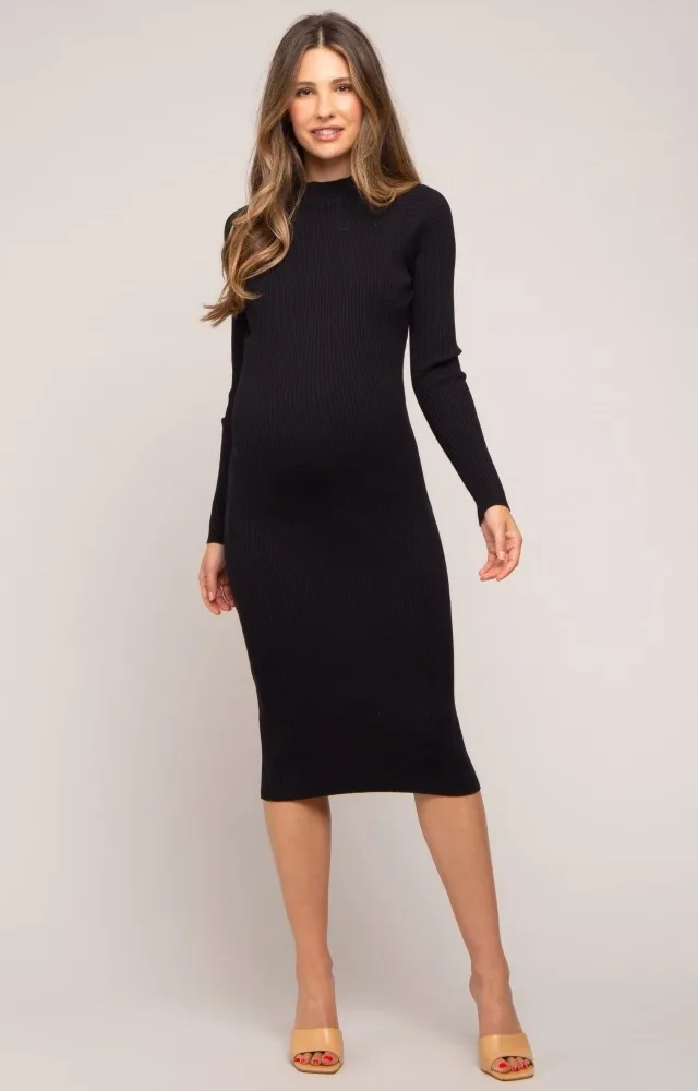 Black Ribbed Fitted Mock Neck Long Sleeve Maternity Dress