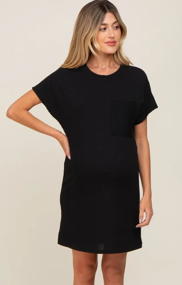 Black Ribbed Front Pocket Dolman Short Sleeve Maternity Dress