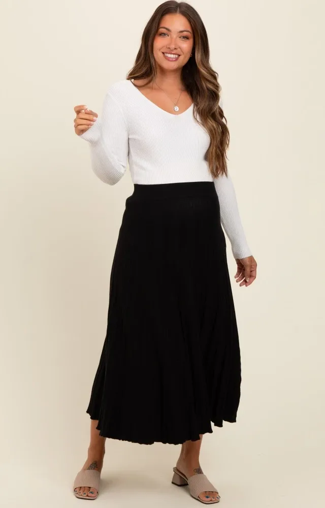 Black Ribbed Knit A-Line Midi Maternity Skirt