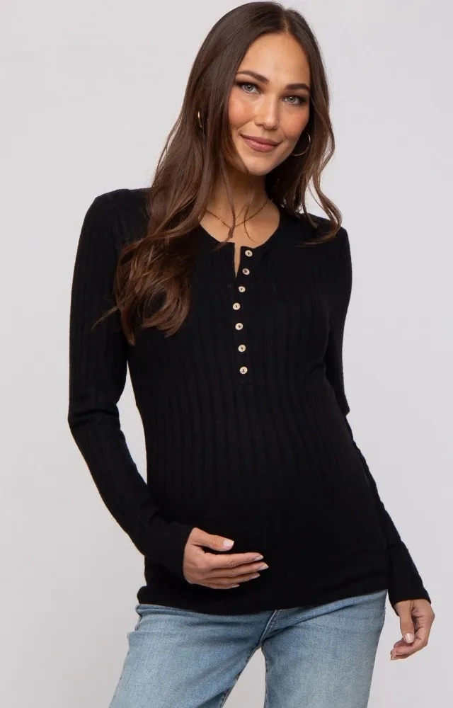 Black Ribbed Knit Button Long Sleeve Maternity Top