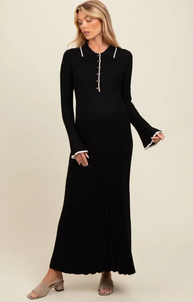 Black Ribbed Knit Collared Button Up Maternity Maxi Dress