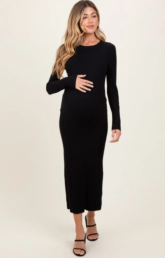 Black Ribbed Knit Fitted Maternity Midi Sweater Dress